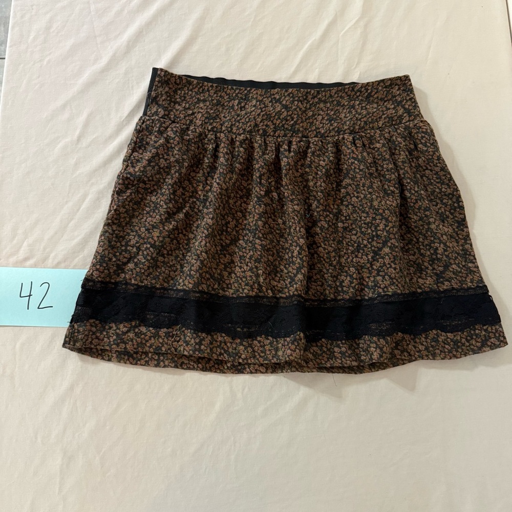 Stoosh Brown Floral Mini Skirt with Black Lace